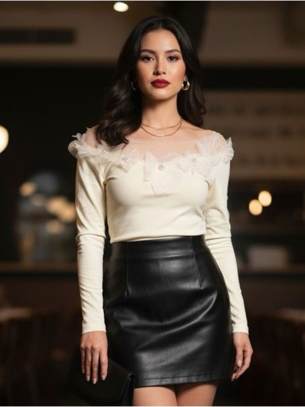 Commense Cream Off-Shoulder Tulle Trim Top